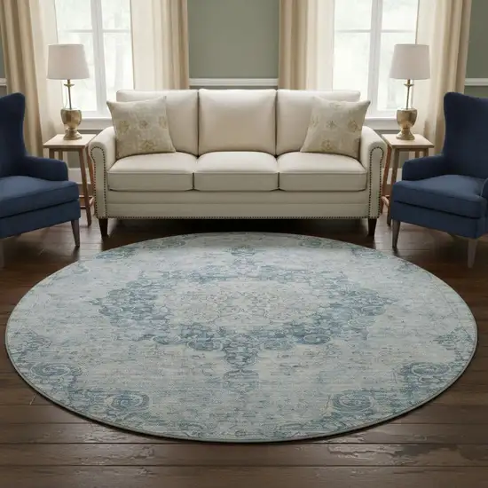 8' X 8' Blue And Ivory Floral Washable Round Rug With UV Protection Photo 2