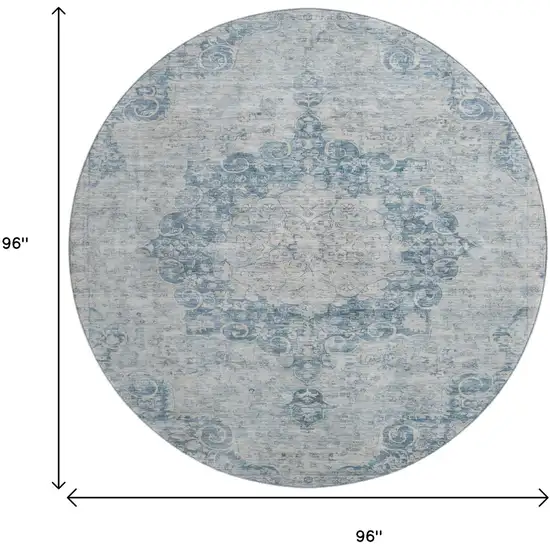 8' X 8' Blue And Ivory Floral Washable Round Rug With UV Protection Photo 9