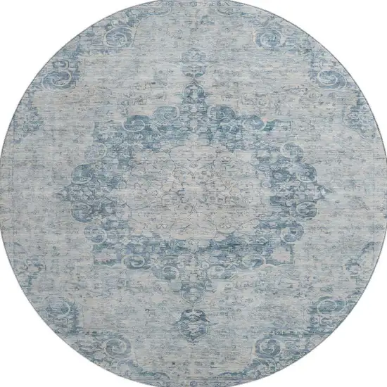 8' X 8' Blue And Ivory Floral Washable Round Rug With UV Protection Photo 3