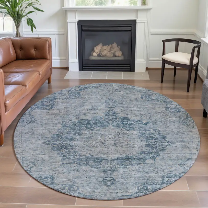 8' X 8' Blue And Ivory Floral Washable Round Rug With UV Protection Photo 4