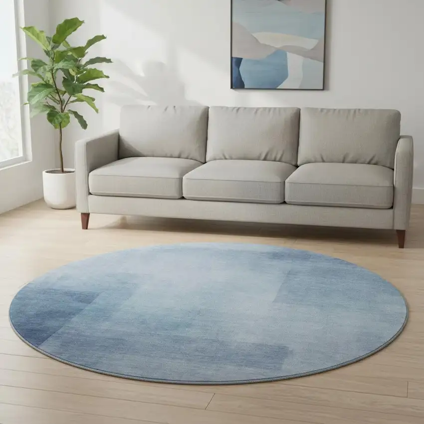 8' X 8' Blue And Ivory Geometric Washable Round Rug With UV Protection Photo 2
