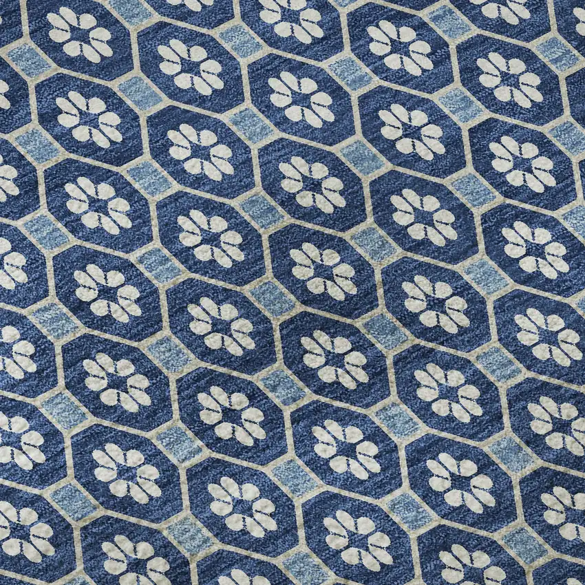 8' X 8' Blue And Ivory Geometric Washable Round Rug With UV Protection Photo 8