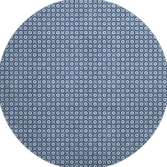 8' X 8' Blue And Ivory Geometric Washable Round Rug With UV Protection Photo 3