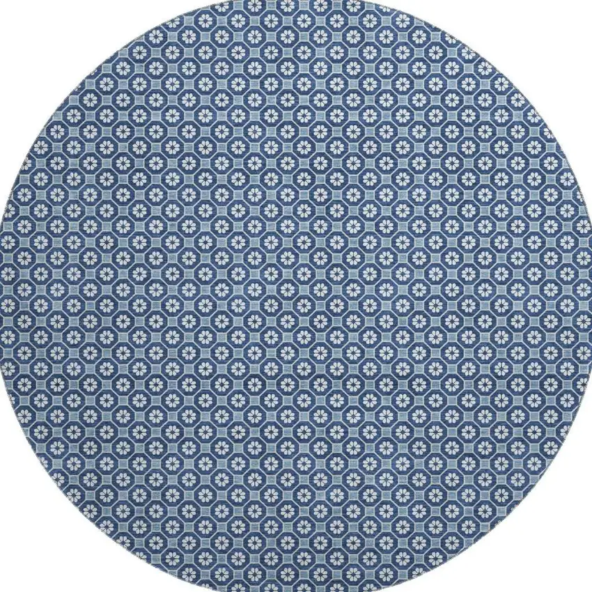 8' X 8' Blue And Ivory Geometric Washable Round Rug With UV Protection Photo 3
