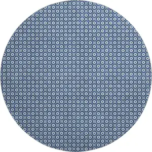Photo of 8' X 8' Blue And Ivory Geometric Washable Round Rug With UV Protection