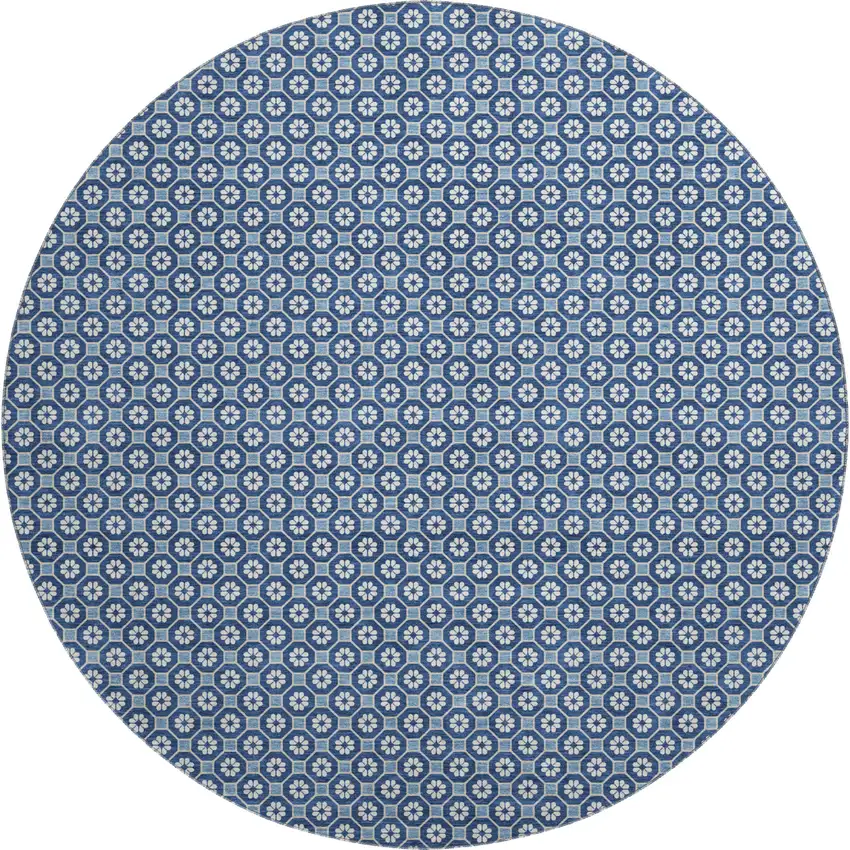 8' X 8' Blue And Ivory Geometric Washable Round Rug With UV Protection Photo 1