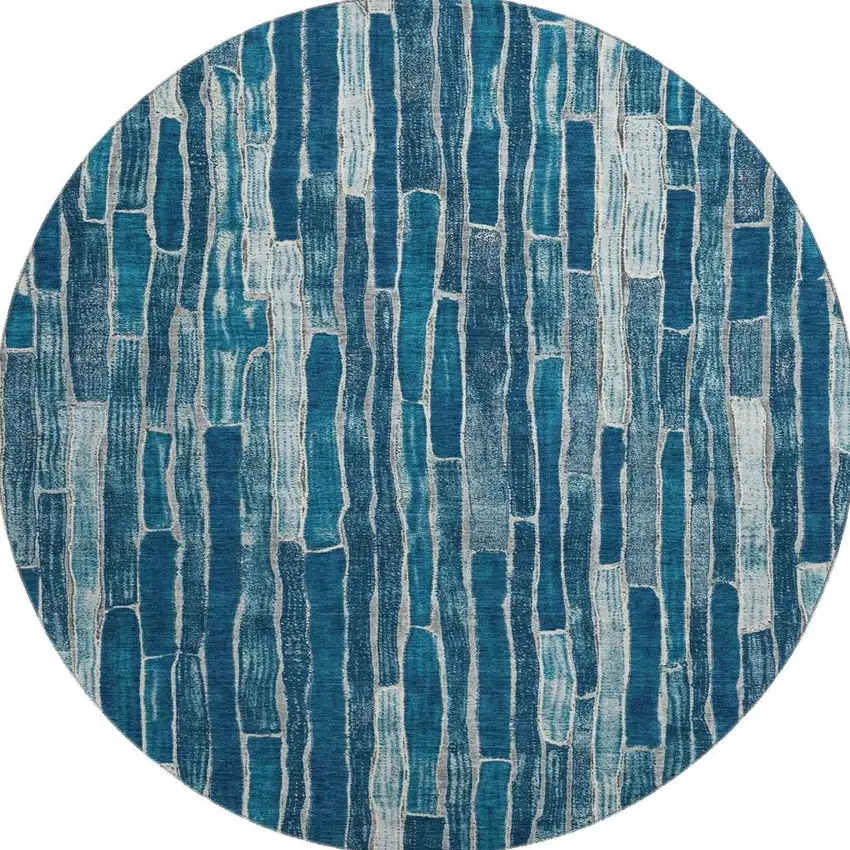 8' X 8' Blue And Ivory Striped Washable Round Rug With UV Protection Photo 3