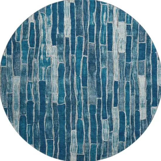 8' X 8' Blue And Ivory Striped Washable Round Rug With UV Protection Photo 3