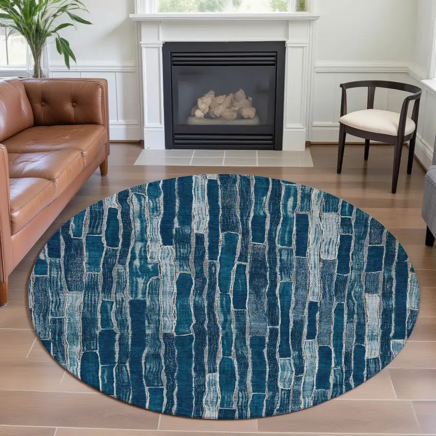 8' X 8' Blue And Ivory Striped Washable Round Rug With UV Protection Photo 4