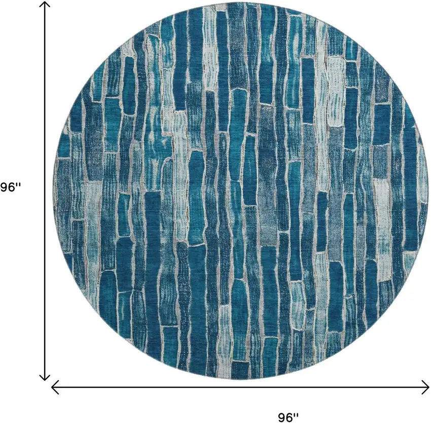 8' X 8' Blue And Ivory Striped Washable Round Rug With UV Protection Photo 9