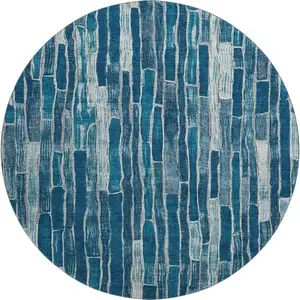Photo of 8' X 8' Blue And Ivory Striped Washable Round Rug With UV Protection