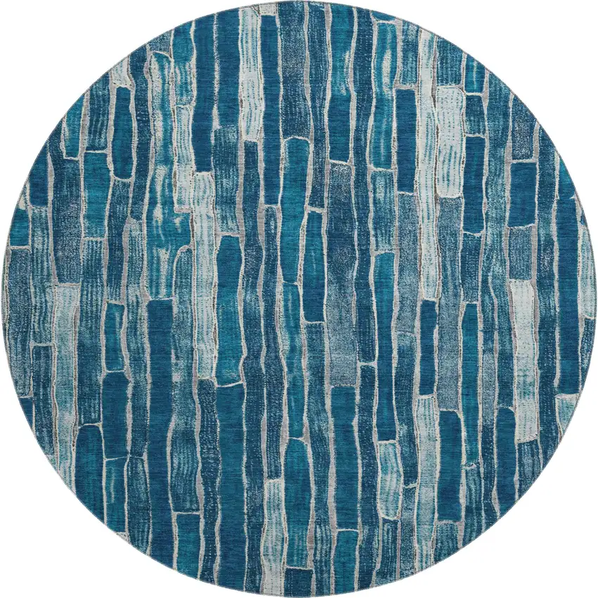8' X 8' Blue And Ivory Striped Washable Round Rug With UV Protection Photo 1