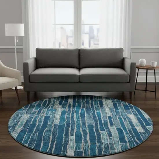 8' X 8' Blue And Ivory Striped Washable Round Rug With UV Protection Photo 2