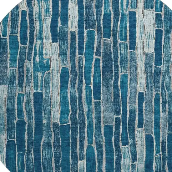 8' X 8' Blue And Ivory Striped Washable Round Rug With UV Protection Photo 2