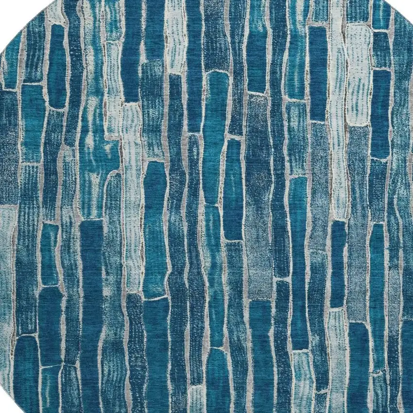 8' X 8' Blue And Ivory Striped Washable Round Rug With UV Protection Photo 2