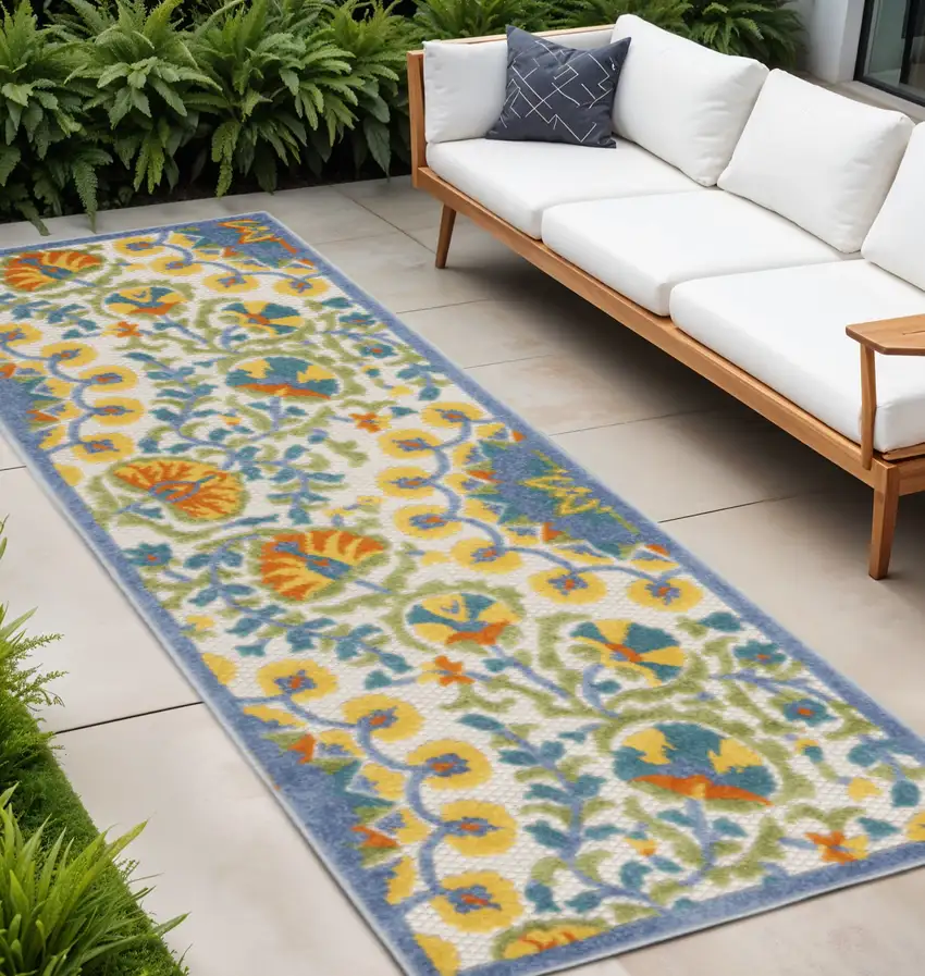 8' Blue And Orange Indoor Outdoor Runner Rug Photo 2