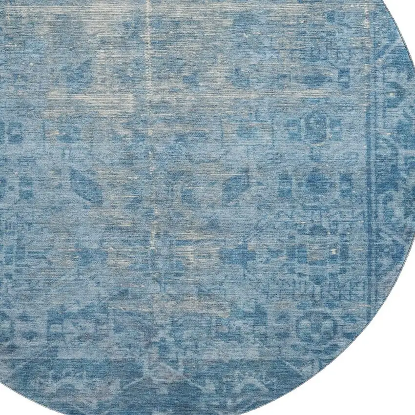 8' X 8' Blue And Silver Oriental Washable Round Rug With UV Protection Photo 2