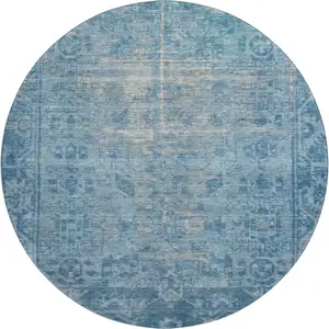 Photo of 8' X 8' Blue And Silver Oriental Washable Round Rug With UV Protection
