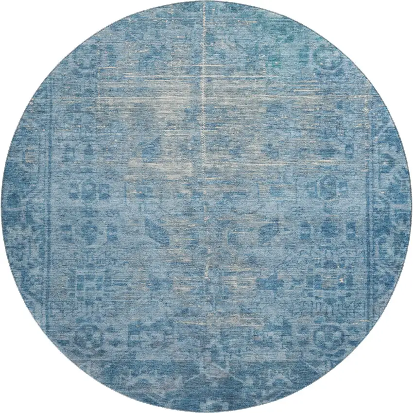 8' X 8' Blue And Silver Oriental Washable Round Rug With UV Protection Photo 1