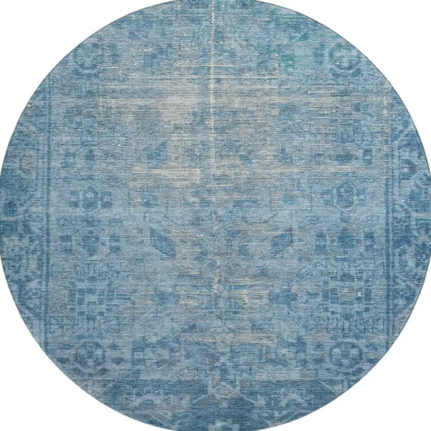 8' X 8' Blue And Silver Oriental Washable Round Rug With UV Protection Photo 3