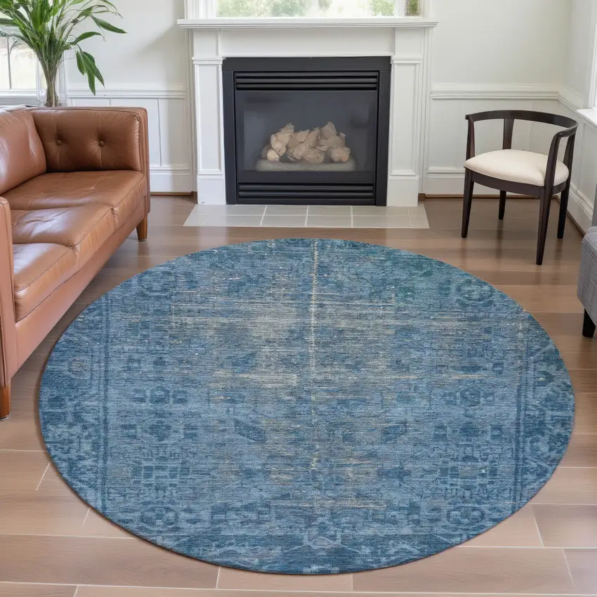 8' X 8' Blue And Silver Oriental Washable Round Rug With UV Protection Photo 4