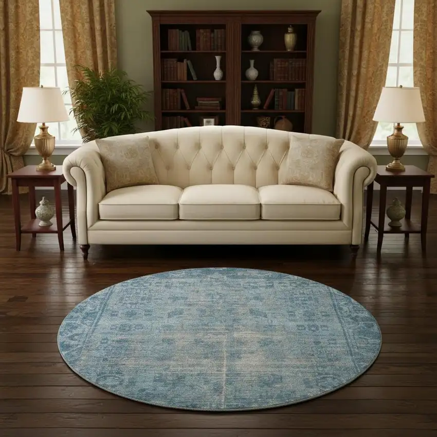 8' X 8' Blue And Silver Oriental Washable Round Rug With UV Protection Photo 2