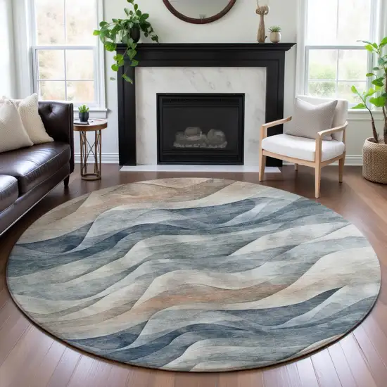8' X 8' Blue Beige And Ivory Abstract Washable Round Rug With UV Protection Photo 4