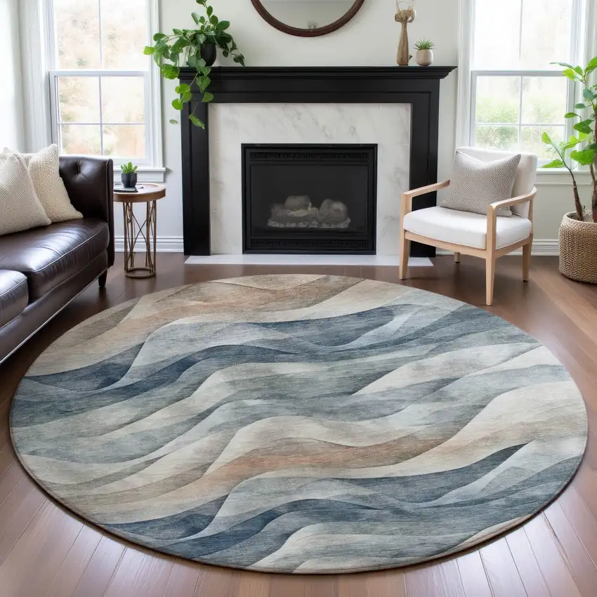 8' X 8' Blue Beige And Ivory Abstract Washable Round Rug With UV Protection Photo 4
