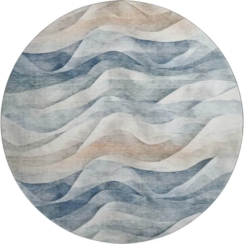 8' X 8' Blue Beige And Ivory Abstract Washable Round Rug With UV Protection Photo 1