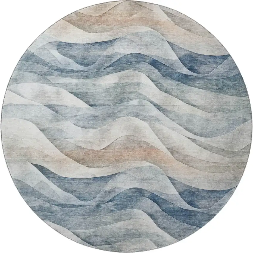 8' X 8' Blue Beige And Ivory Abstract Washable Round Rug With UV Protection Photo 3