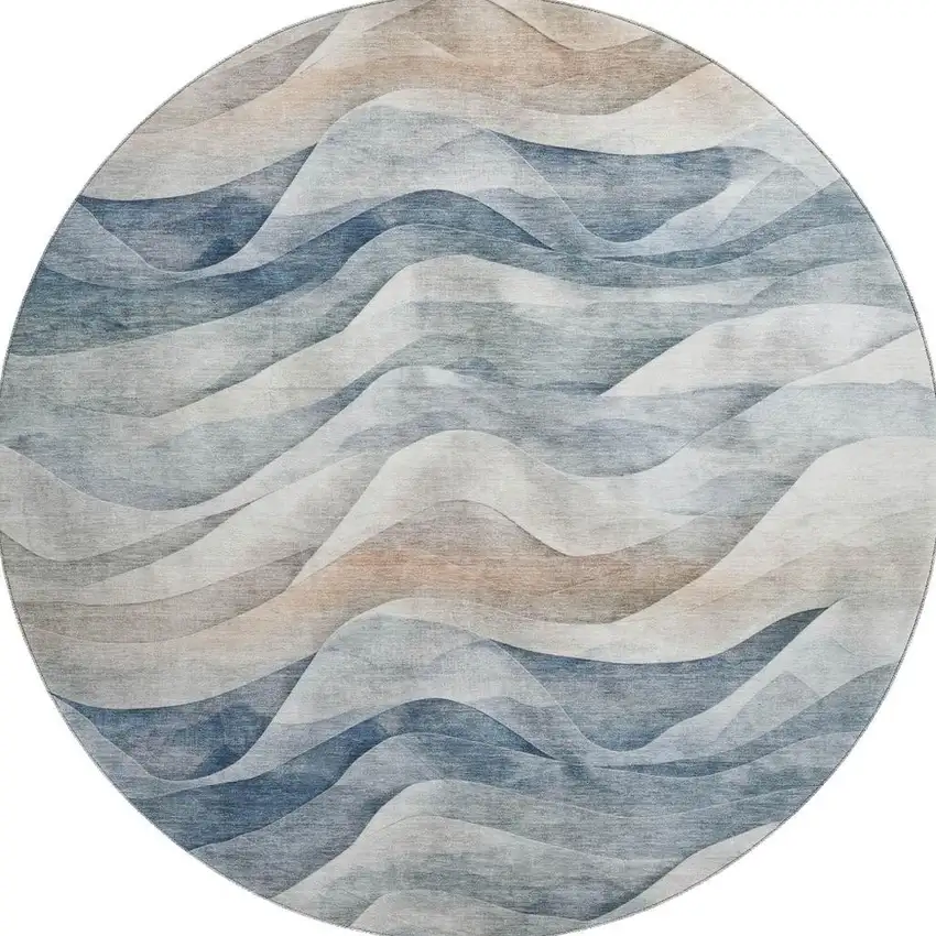 8' X 8' Blue Beige And Ivory Abstract Washable Round Rug With UV Protection Photo 2