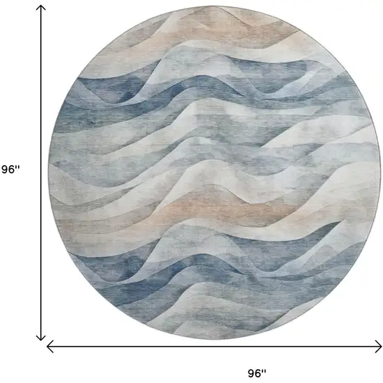 8' X 8' Blue Beige And Ivory Abstract Washable Round Rug With UV Protection Photo 9