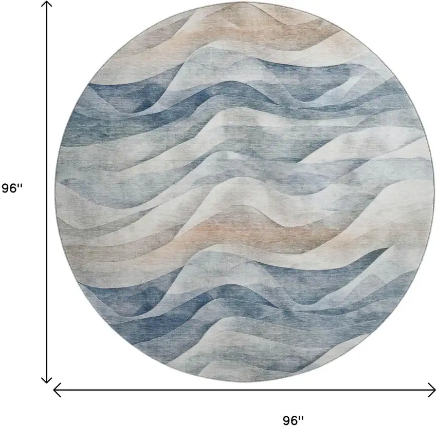 8' X 8' Blue Beige And Ivory Abstract Washable Round Rug With UV Protection Photo 9