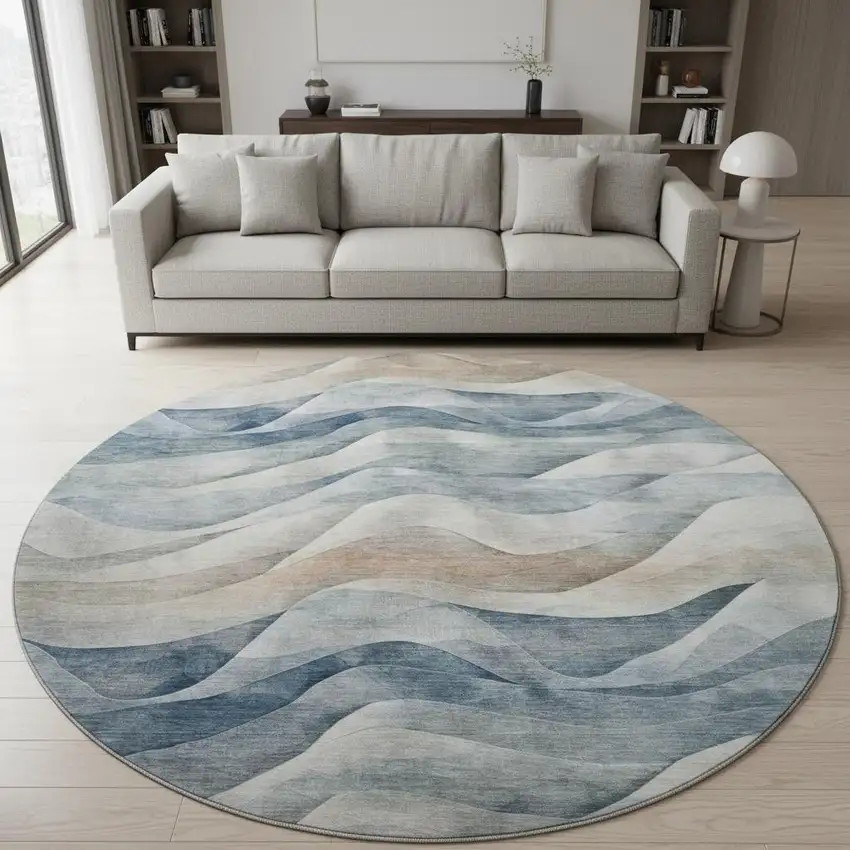 8' X 8' Blue Beige And Ivory Abstract Washable Round Rug With UV Protection Photo 2