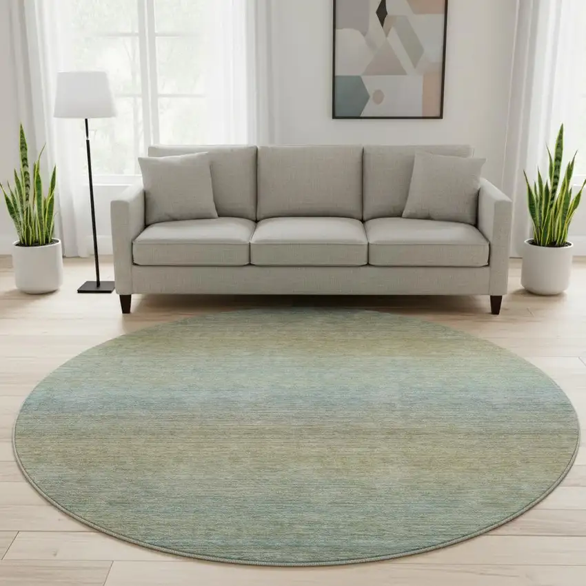 8' X 8' Blue Beige And Taupe Striped Washable Round Rug With UV Protection Photo 2