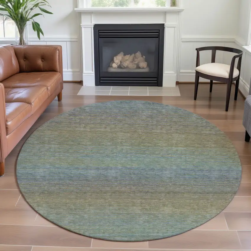 8' X 8' Blue Beige And Taupe Striped Washable Round Rug With UV Protection Photo 4