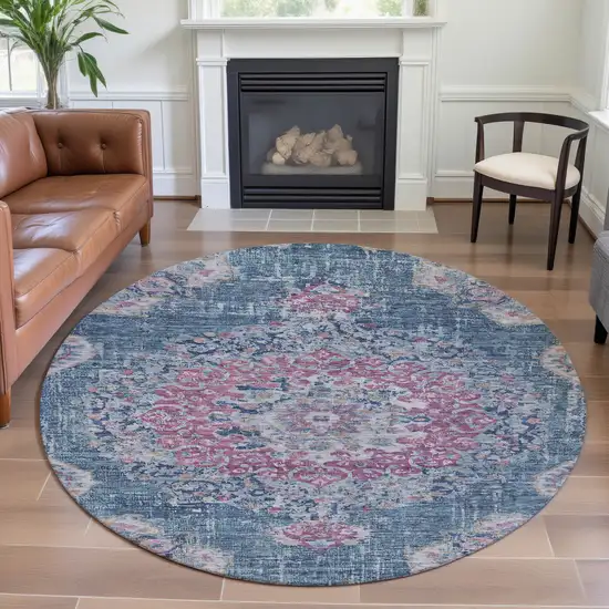 8' X 8' Blue Blush And Ivory Floral Washable Round Rug With UV Protection Photo 5