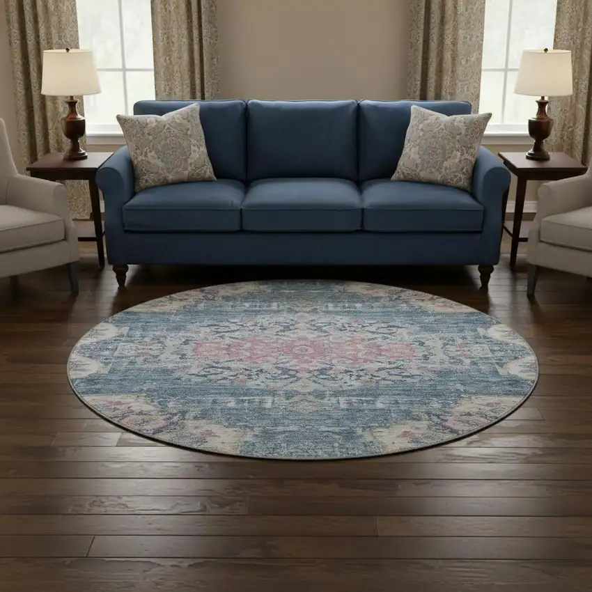 8' X 8' Blue Blush And Ivory Floral Washable Round Rug With UV Protection Photo 2