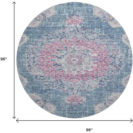 8' X 8' Blue Blush And Ivory Floral Washable Round Rug With UV Protection Photo 9