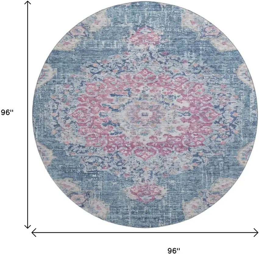 8' X 8' Blue Blush And Ivory Floral Washable Round Rug With UV Protection Photo 9