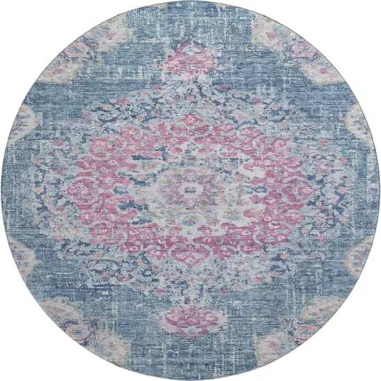 8' X 8' Blue Blush And Ivory Floral Washable Round Rug With UV Protection Photo 1