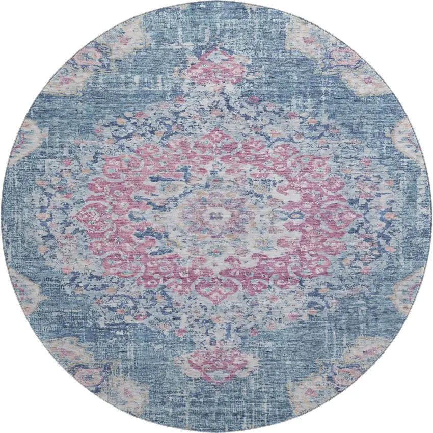 8' X 8' Blue Blush And Ivory Floral Washable Round Rug With UV Protection Photo 1