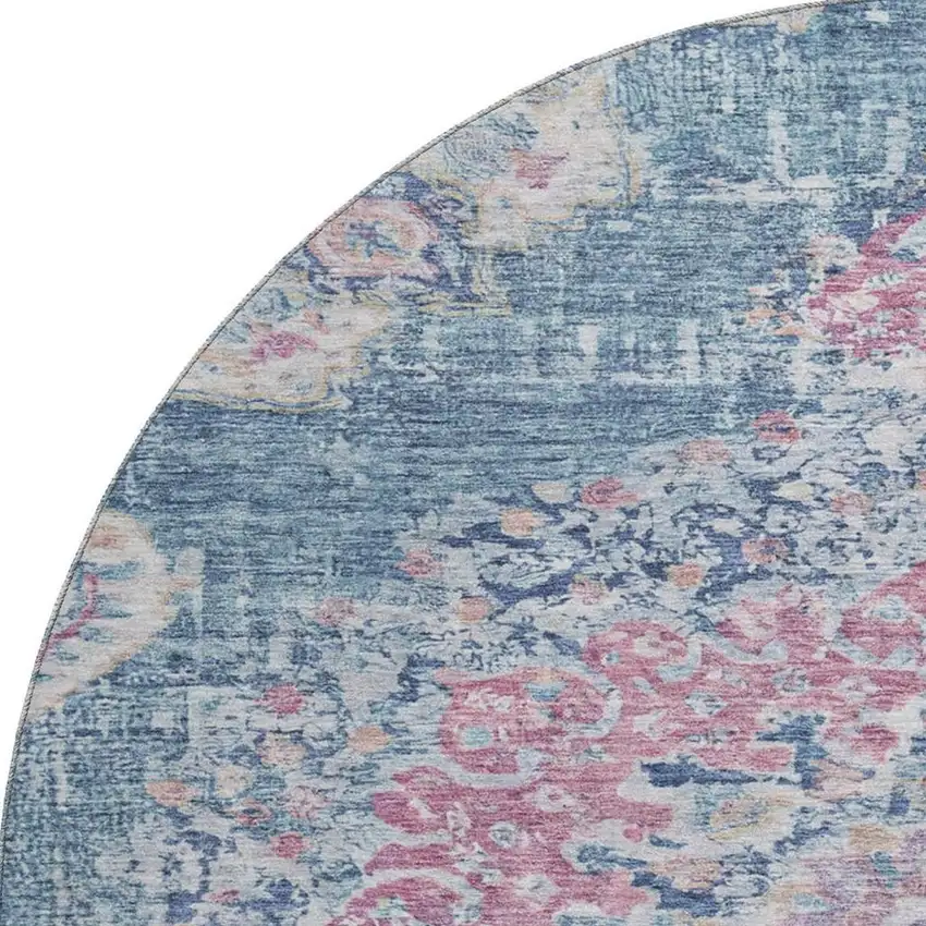 8' X 8' Blue Blush And Ivory Floral Washable Round Rug With UV Protection Photo 3