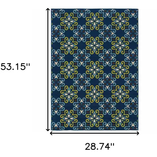 3' X 5' Blue Floral Stain Resistant Indoor Outdoor Area Rug Photo 6