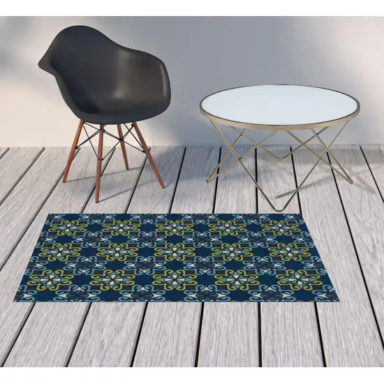3' X 5' Blue Floral Stain Resistant Indoor Outdoor Area Rug Photo 2