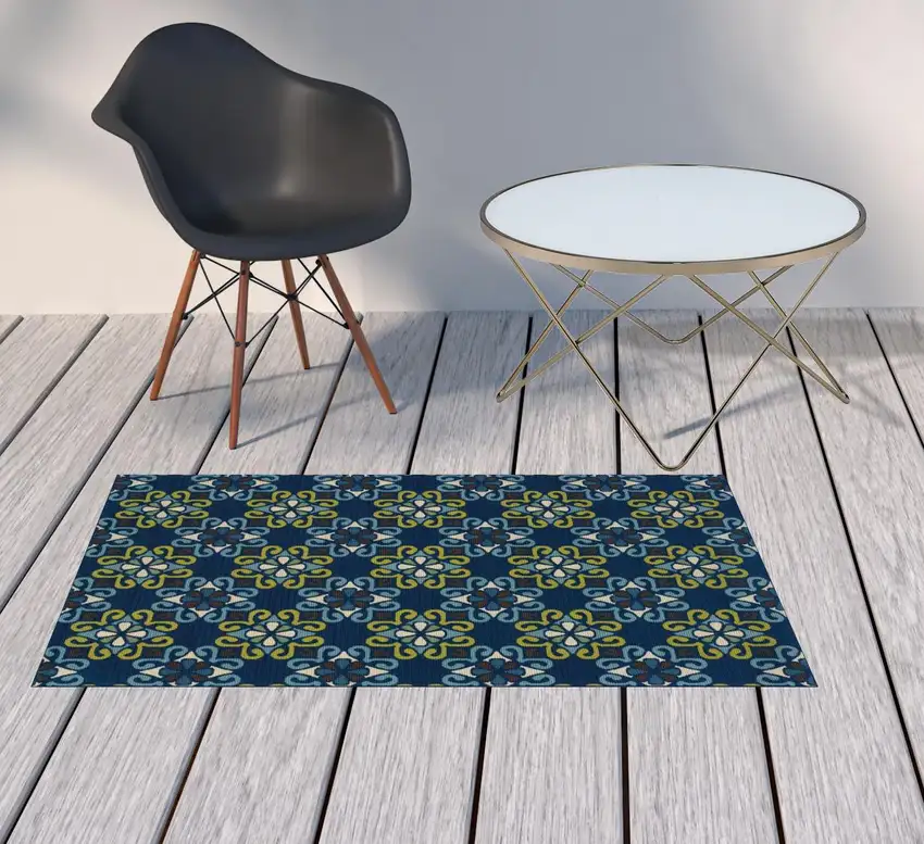 3' X 5' Blue Floral Stain Resistant Indoor Outdoor Area Rug Photo 2