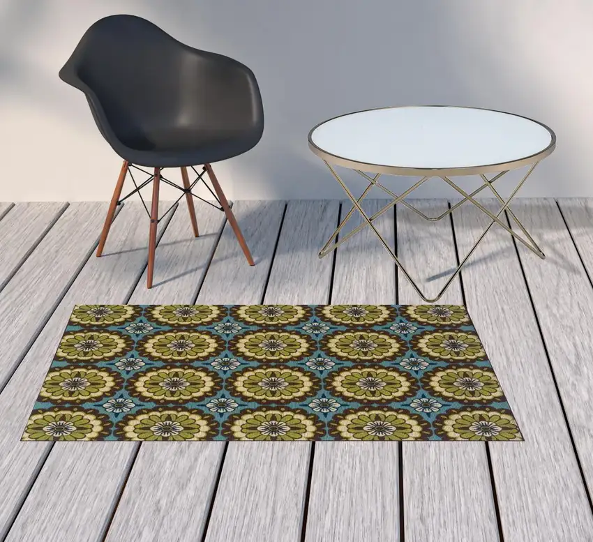 3' X 5' Blue Floral Stain Resistant Indoor Outdoor Area Rug Photo 2