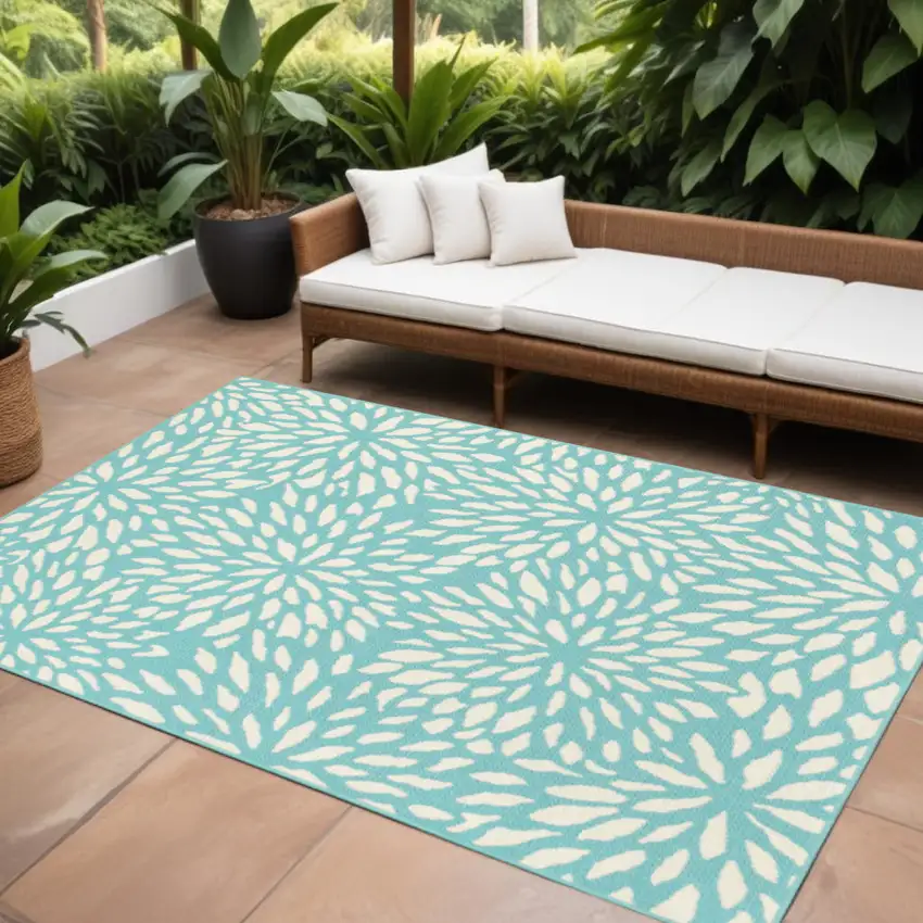 Blue and Ivory Floral Stain Resistant Indoor Outdoor Area Rug Photo 1