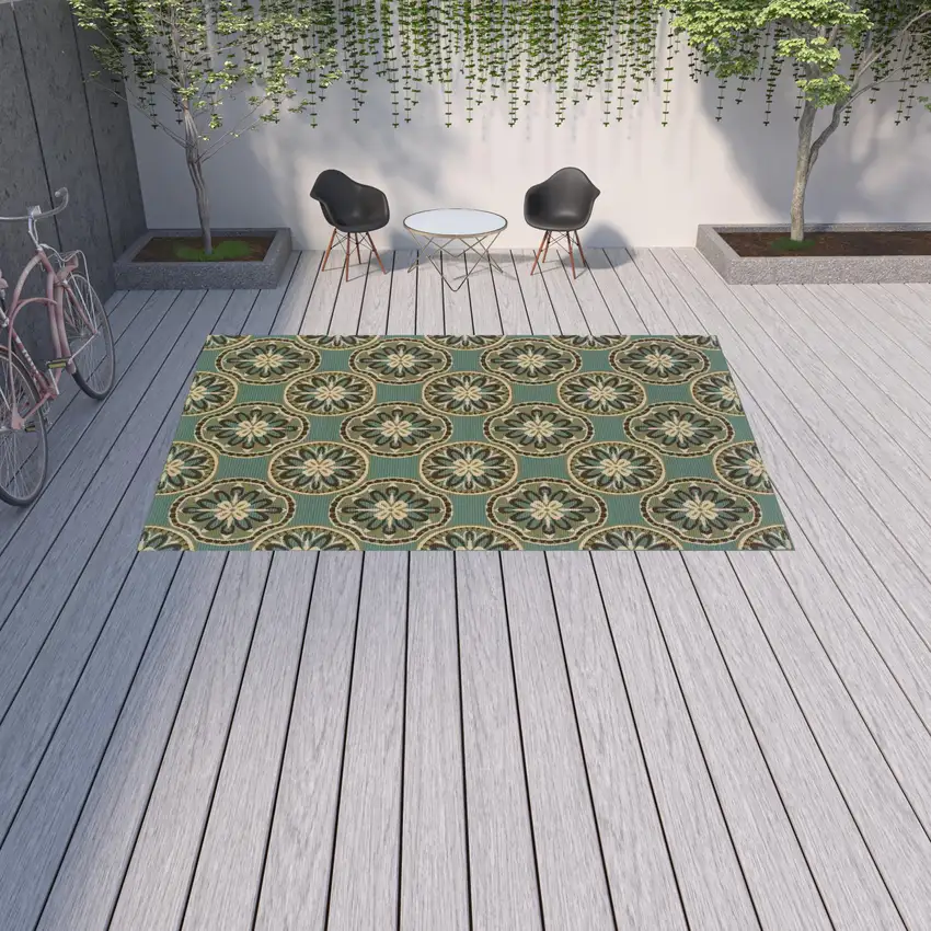 9' X 13' Blue Floral Stain Resistant Indoor Outdoor Area Rug Photo 2