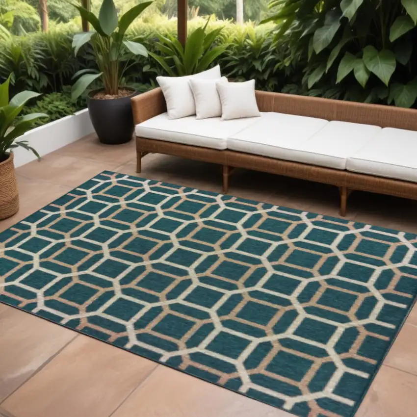 Blue and Gray Geometric Stain Resistant Indoor Outdoor Area Rug Photo 1